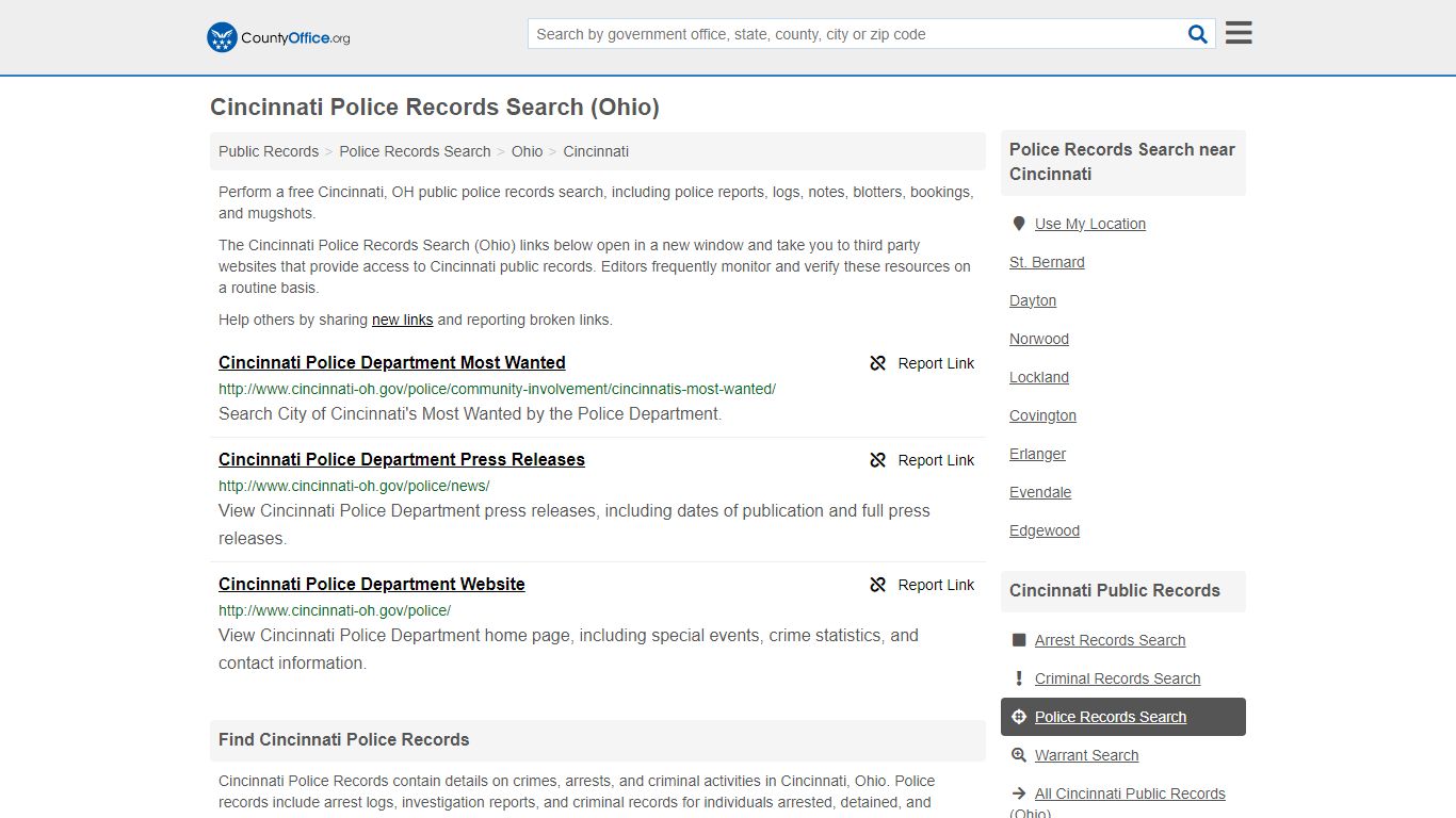 Cincinnati Police Records Search (Ohio) - County Office